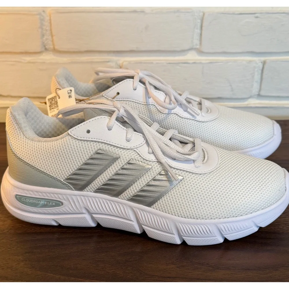 Adidas Cloudfoam Flex Laces Womens •8• White Silver Running Shoes Athleisure Gym